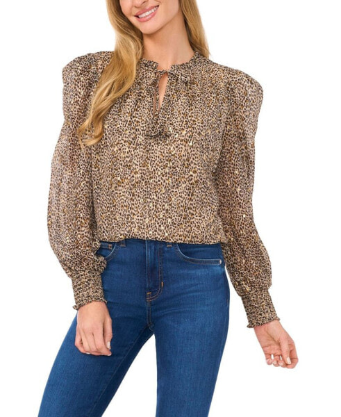 Women's Cheetah Long-Sleeve Smocked Cuff Tie-Neck Top