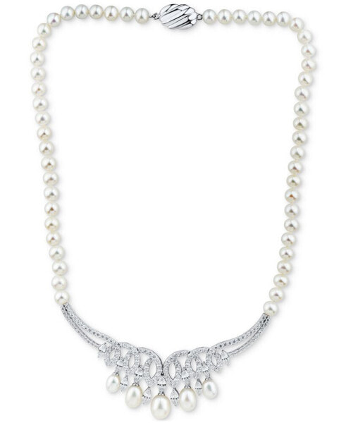 Arabella cultured Freshwater Pearl (6-8-1/2mm) & Cubic Zirconia 17" Statement Necklace in Sterling Silver