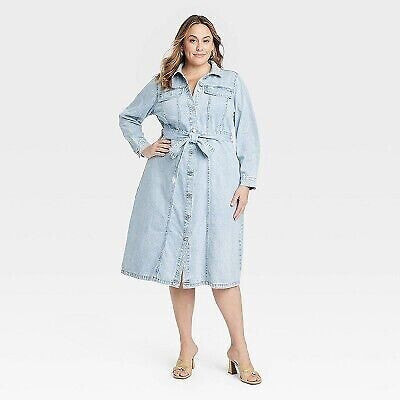 Women's Long Sleeve Shirtdress - Ava & Viv Light Wash 3X