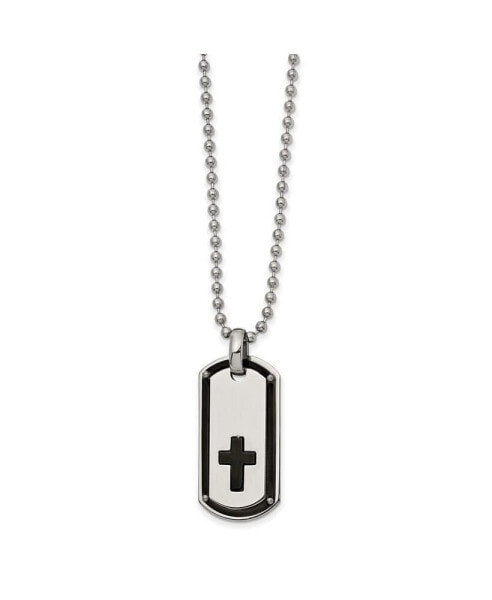 Polished Black IP-plated Cross Dog Tag on a Ball Chain Necklace