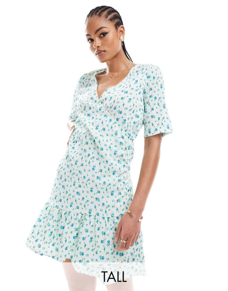 Vero Moda Tall wrap front mini dress in light blue floral