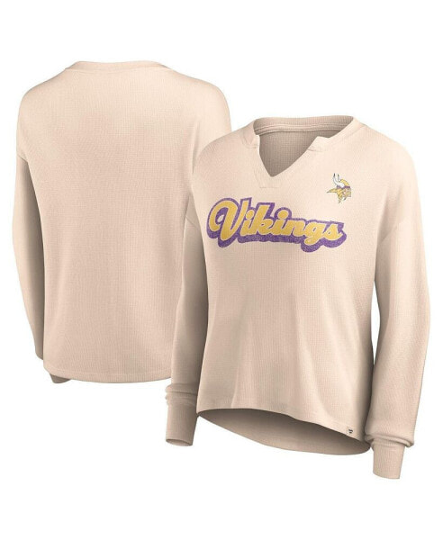 Women's Tan Distressed Minnesota Vikings Go For It Notch Neck Waffle Knit Lightweight Long Sleeve T-shirt