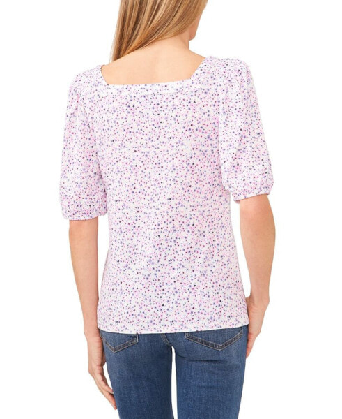 Women's Floral Print Square Neck Puff-Sleeve Knit Top