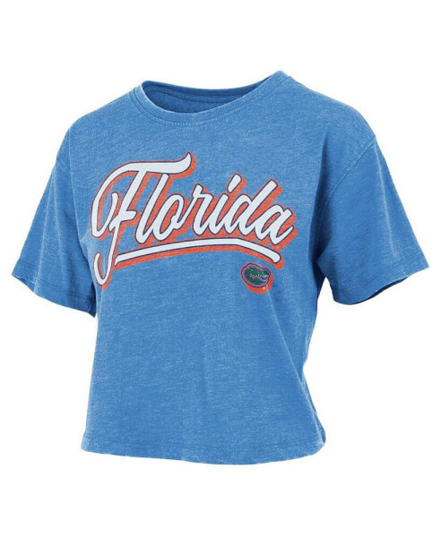 Women's Royal Distressed Florida Gators Team Script Harlow Vintage-Like Waist Length T-shirt