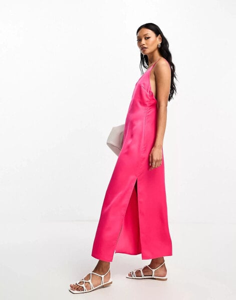 Lola May satin cross back midi dress in hot pink