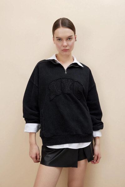 Oversize Fit Yarım Fermuarlı Baskılı Kalın Kumaş Yıkamalı Sweatshirt