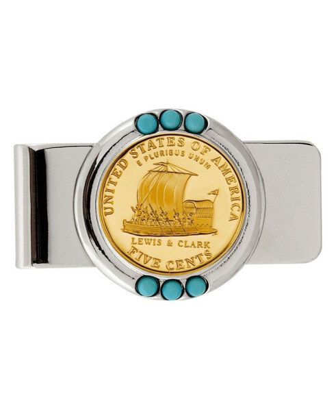 Men's Gold-Layered Westward Journey Keelboat Nickel Turquoise Coin Money Clip