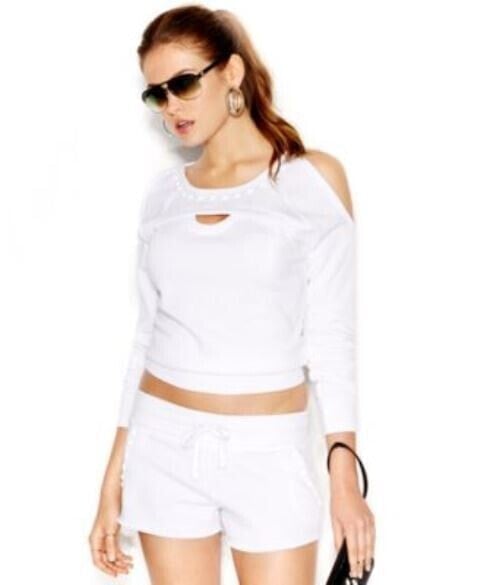 Guess Women's Long Sleeve Studded Cutout Cropped Cold Shoulder Top White S