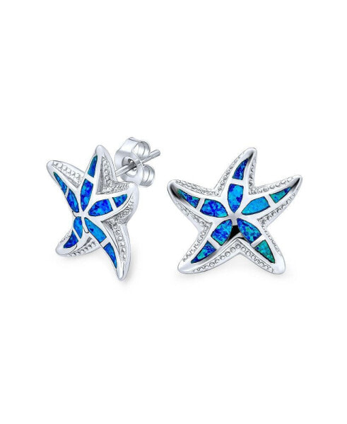 Large Nautical Hawaiian Tropical Beach Vacation Blue Inlay Created Opal Starfish Stud Earrings For Women .925 Sterling Silver October Birthstone