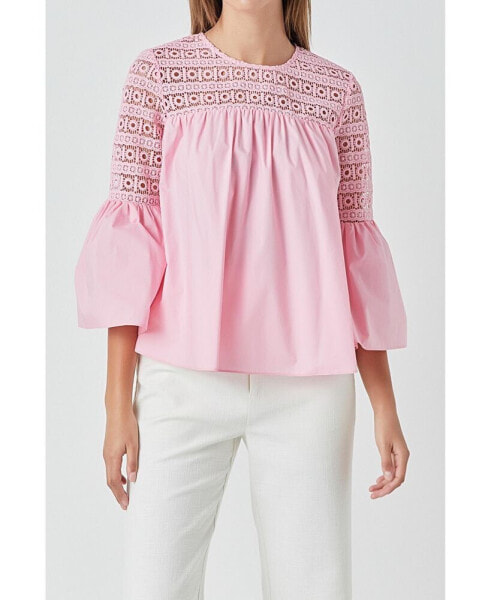 Women's Lace with Poplin Bell Sleeve Blouse