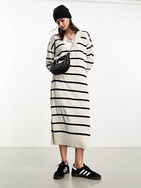 Only knitted v neck maxi dress in cream and black stripe