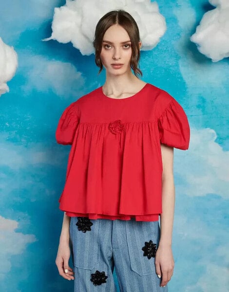 Sister Jane rosette puff sleeve smock top in red