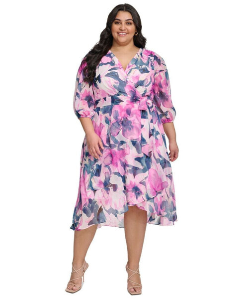 Plus Size Printed Blouson-Sleeve Faux-Wrap Dress