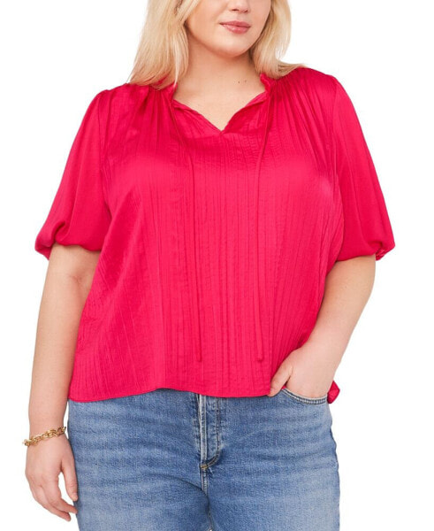 Plus Size Pleated Puff-Sleeve Blouse