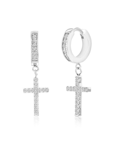 Stainless Steel Cross CZ Charm Huggie Hoop Earrings