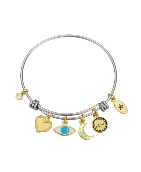 Believe Evil Eye Adjustable Bangle Bracelet In Stainless Steel and Gold Flash Plated Charms