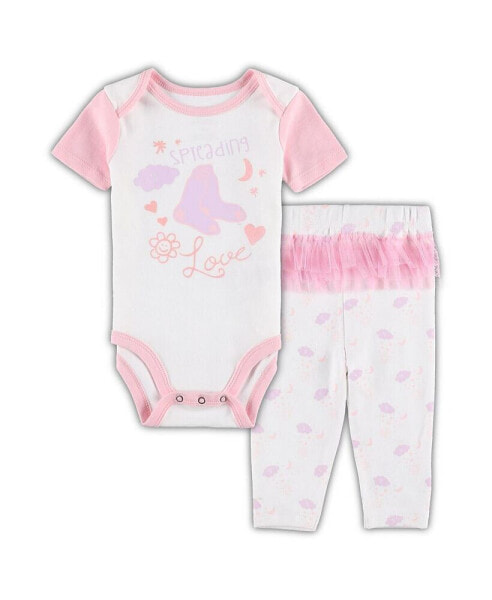 Newborn and Infant Boys and Girls White and Pink Boston Red Sox Spreading Love Bodysuit and Tutu with Leggings Set