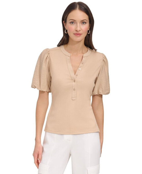 Women's Puff-Sleeve Ribbed Henley Shirt