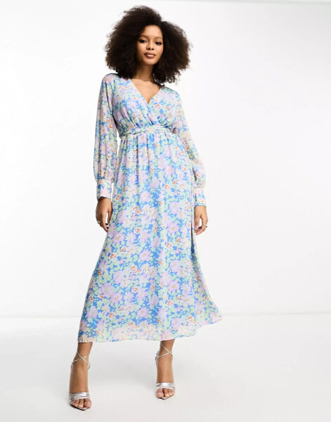 Vila tie waist midi dress in pastel blue floral