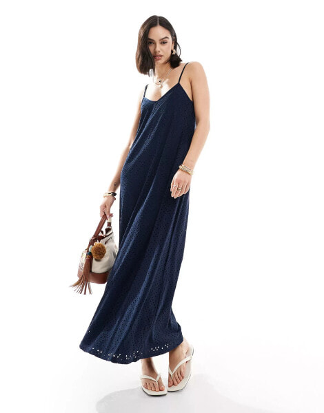 Vero Moda v neck broderie jersey maxi dress in navy