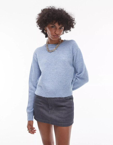 Topshop knitted crew with raglan and exposed seam jumper in light blue