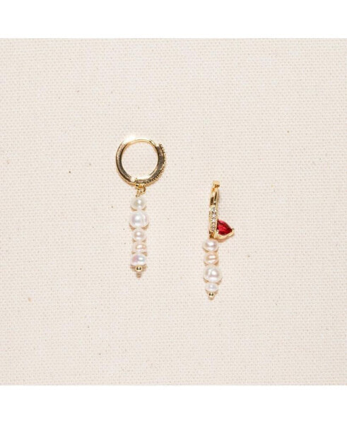 18K Gold Plated Mix of Extra Small and Small Size Freshwater Pearls with a little Red Heart Zirconia Charm - Aka Earrings for Women
