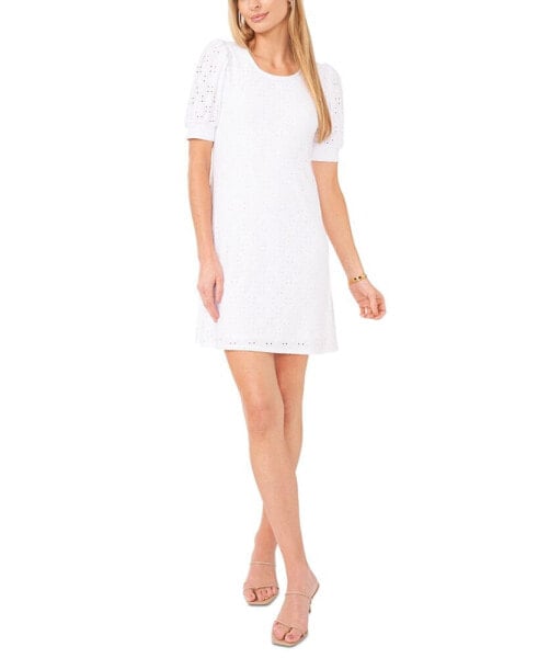 Petite Puff-Sleeve Embroidered Eyelet Dress