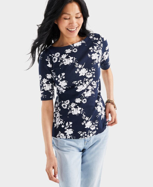 Petite Everybody Floral Elbow-Sleeve Knit Top, Created for Macy's