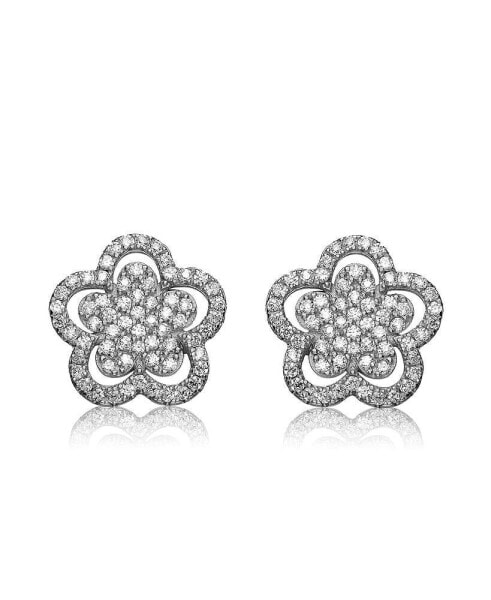 Sterling Silver In White Gold Plating Cubic Zirconia Double flower Stud Earrings