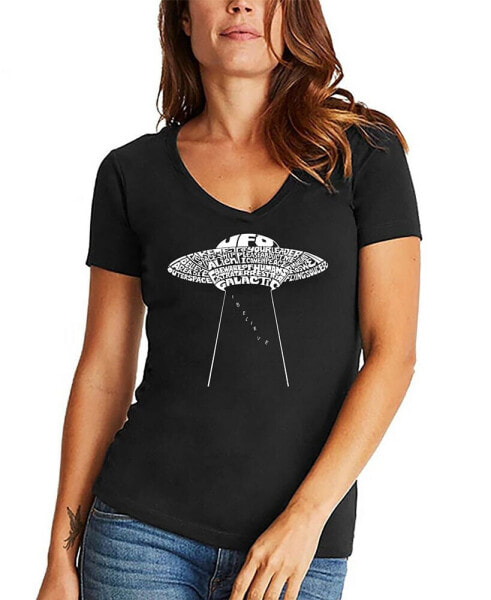 Women's Word Art Flying Saucer UFO V-Neck T-Shirt