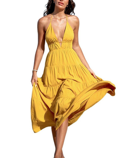 Women's Yellow Halterneck Maxi Beach Dress