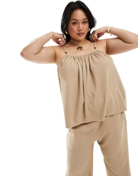 4th & Reckless Plus exclusive textured beaded cami top co-ord in light brown