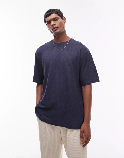 Topman relaxed fit linen mix t-shirt in navy - NAVY