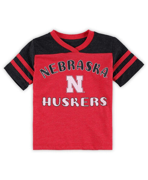 Girls Toddler Scarlet, Black Nebraska Huskers Piecrust Promise Striped V-Neck T-shirt