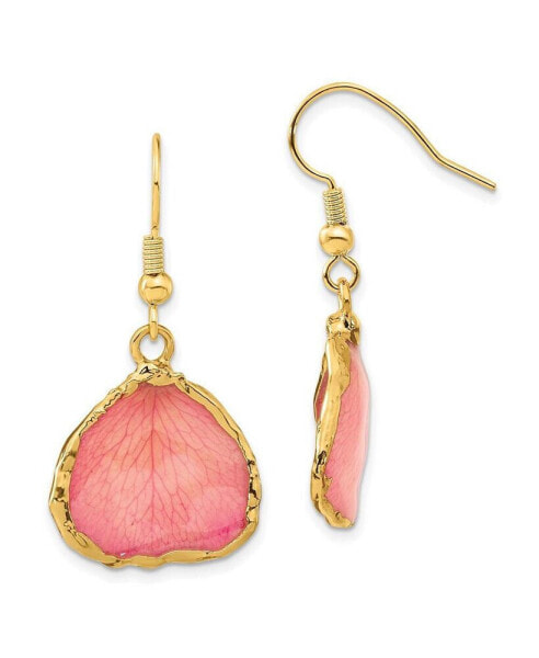 24k Gold-trim Lacquer Dipped Pink Rose Petal Gold-tone Dangle Earrings