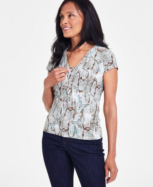 Women's Printed Lace-Up Front Top, Created for Macy's