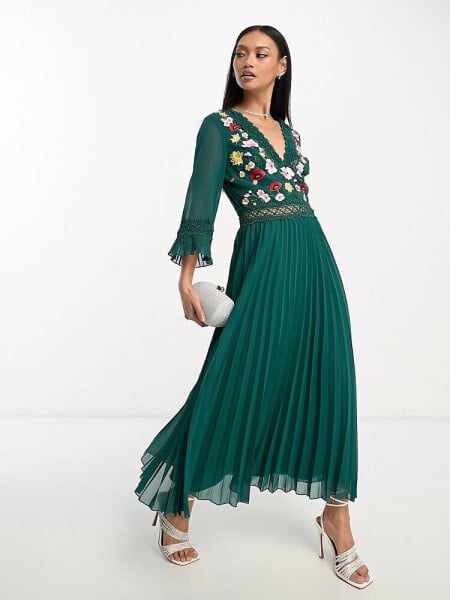 ASOS DESIGN lace insert pleated midi dress with embroidery in forest green