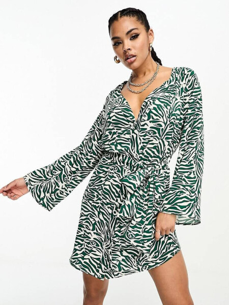 I Saw It First flared sleeve tie waist mini dress in green zebra