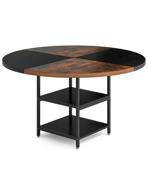 47 inch Round Dining Table for 4, Wood Kitchen Table Large Dinner Table with Storage Shelf Metal Legs for Home Dining Room Living Room, Black Rustic Brown