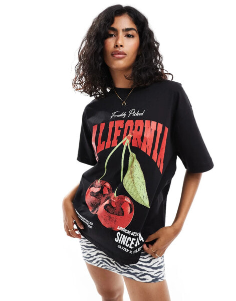 ASOS DESIGN oversized t-shirt with california cherry graphic in black