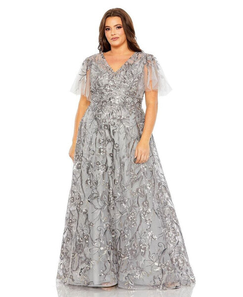 Women's Plus Size High Neck Flutter Sleeve Embellished A-Line Gown