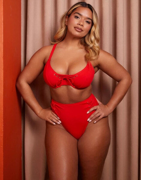 Wolf & Whistle X Natalie Gessey Fuller Bust high waist bikini bottom in red with tie detail