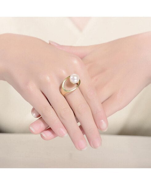 Sterling Silver 14K Gold Plated with Genuine Freshwater Round Pearl Contemporary Ring