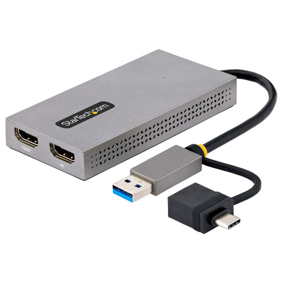 StarTech.com USB to Dual HDMI Adapter - USB A/C to 2x HDMI Displays (1x 4K30Hz - 1x 1080p) - Integrated USB-A to C Dongle - 4in/11cm Cable - USB 3.0 to HDMI Display Adapter - Windows & macOS - USB Type-A - USB Type-C - HDMI output - 3840 x 2160 pixels