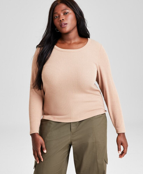 Trendy Plus Size Scoop-Neck Ribbed T-Shirt, Created for Macy's