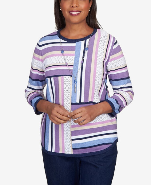 Petite Lavender Fields Blocked Stripe Shirttail Necklace Sweater
