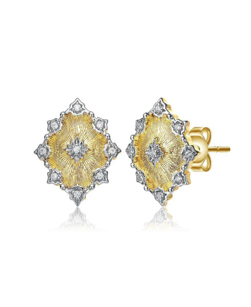 Modern 14K Gold Plated and Cubic Zirconia Floral Stud Earrings