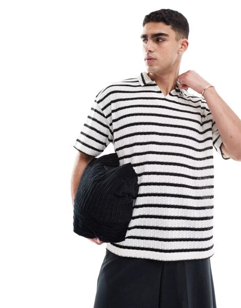 ASOS DESIGN oversized polo shirt with notch neck in texture stripe