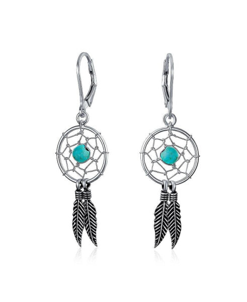 Blue Turquoise Western Jewelry Dream Catcher Feather Dangle Earrings For Women Teen .925 Sterling Silver