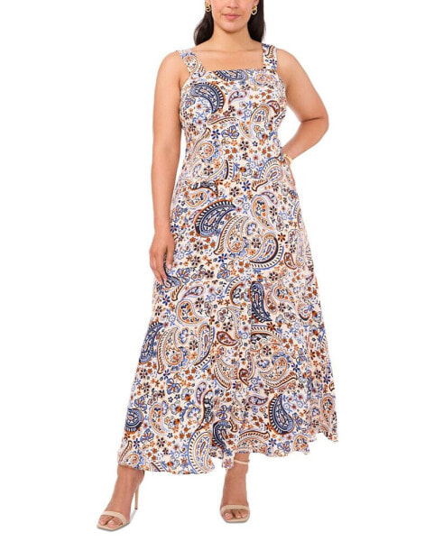 Plus Size Printed Smocked-Back Sleeveless Maxi Dress